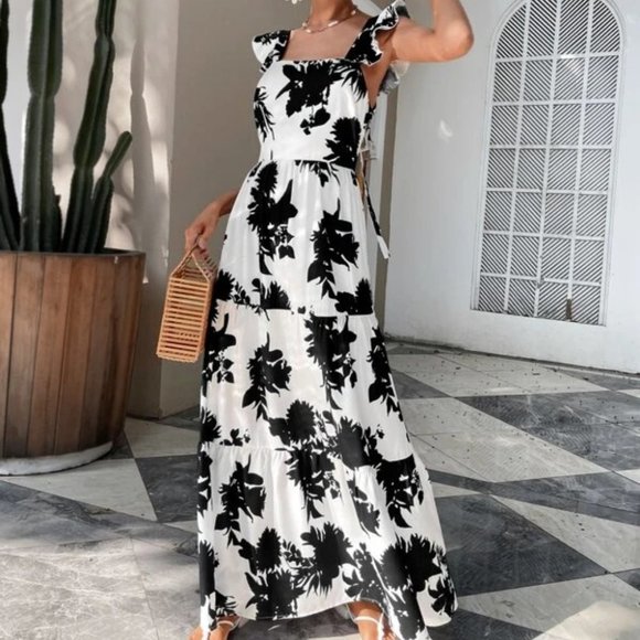 black floral butterfly sleeve ruffle hem tie back dress - Picture 8 of 8